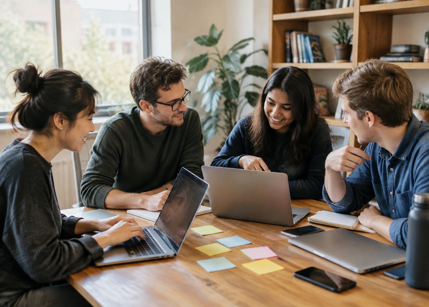 Four colleagues discussing a project around a table with laptops and sticky notes