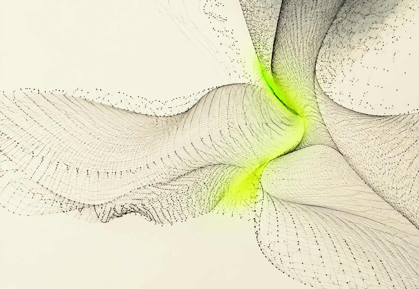 Abstract wireframe mesh of flowing particles with a glowing lime core on an ivory background