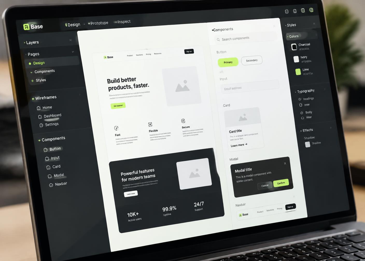Laptop showing an interface design tool with wireframes and a component library