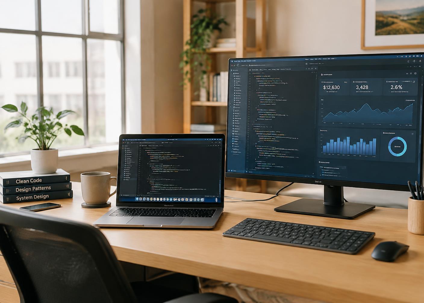 Developer desk with a laptop and monitor showing a code editor and analytics dashboard